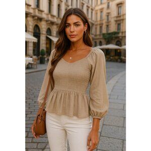 Old Navy Peplum Blouse Smocked Puff Sleeve Top Neutral Boho Cottagecore XL